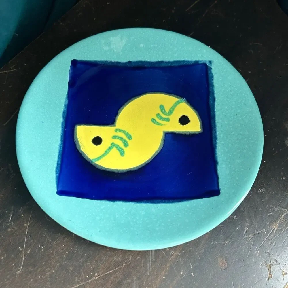 Studio Pottery Plate Stylized Yin Yang Fish